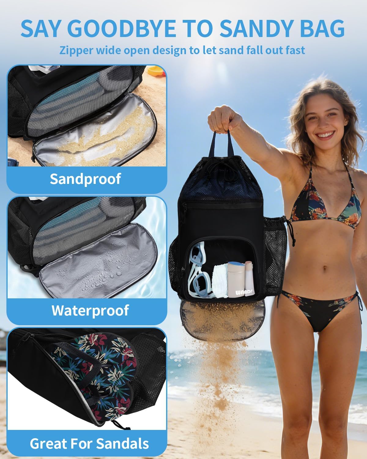 WANDF Swim Bag - Sandproof Beach Backpack with Wet Pockets & 40oz Tumbler Holder | Black
