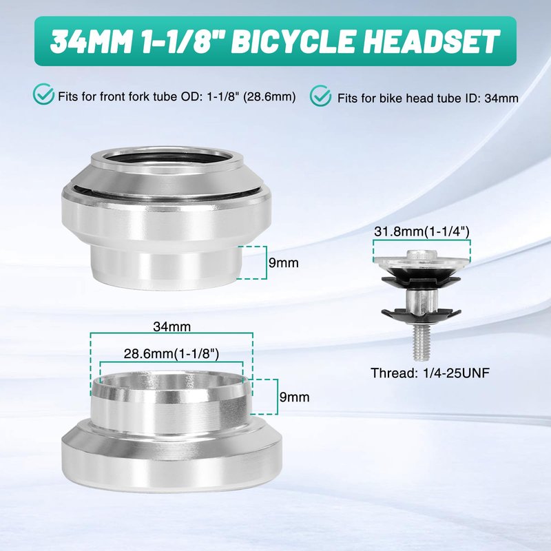 Tongze 1-1/8" 34mm Bike Headset, MTB Headset Fits for Mountain Bike Road Bicycle with Bearing & Stem Cap(Silver)