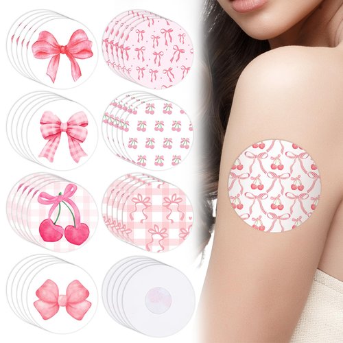 JarThenaAMCS 40 Pcs Pink Adhesive Patch NO Glue in The Center Sensor Cover Pre-Cut Bow Cherry Elastic Fabric for Continuous Glucose Monitor Fits Freestyle Libre 2 & 3