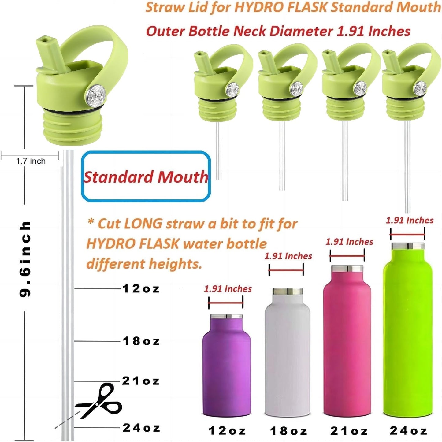 VGHNQ Seagrass Straw Lid for Hydro Flask Standard Mouth 18 21 24 oz, Replacement Sport Cap with Handle, BPA-Free Straw Lid with 2 Straws + Brush, for Hiking Camping Backpacking Outdoor Adventure