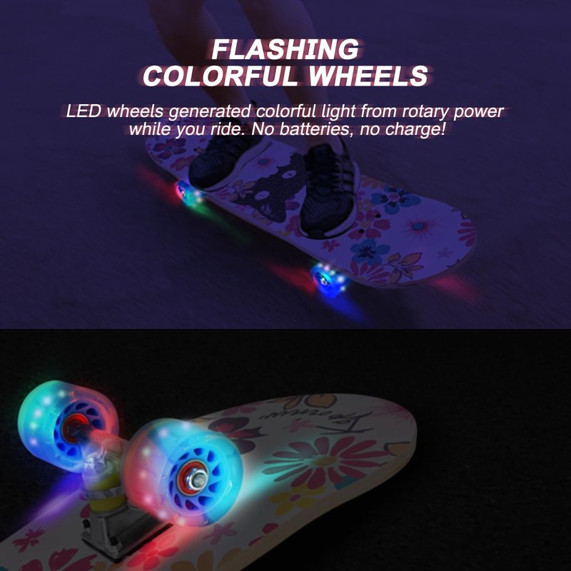 Kqpoinw Standard Skateboards with Colorful Flashing Wheels for Beginners, Kids,Teens, 7 Layer Maple Complete Skateboard for Girls Boys, 31" x 7.8" Double Kick Concave Kids skateboard with Skate T-Tool