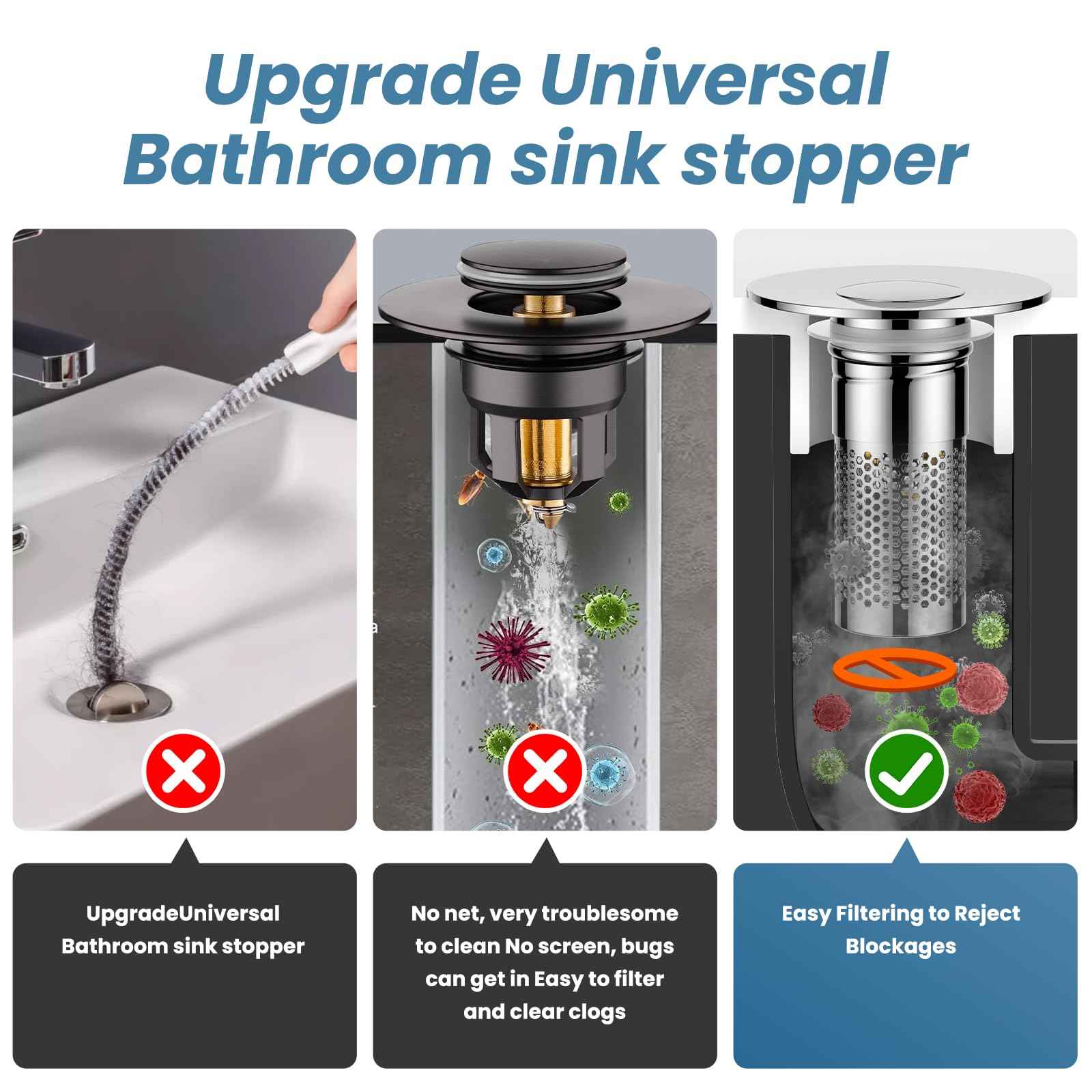 Bathroom Sink Stopper 1.1"-1.45", Universal Bathroom Sink Drain Pop Up Stopper for US Bathroom Sink Stainless Steel Floor Drain Filter, U.S. Standard Universal Drain Filter