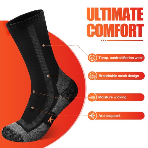 kaciixaa Merino Wool Thermal Socks for Men & Women, 3 Pairs Cushioned Moisture Wicking Crew Boot Socks for Work & Outdoors[Black,L]
