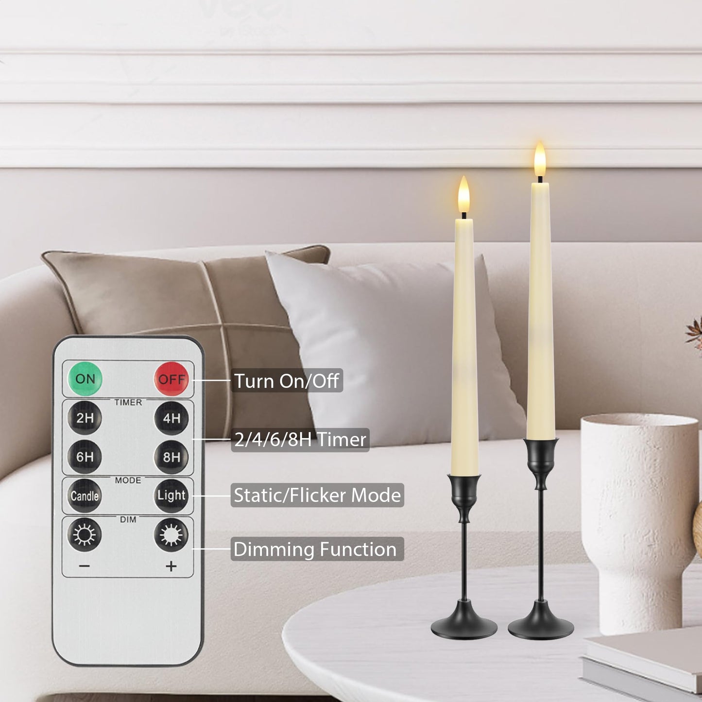 AFINETH Flameless Taper Candles with Remote, Flickering Battery Operated Candles, Ivory 9.6" Led Flameless Candlesticks for Home Party Weeding Festival Decor, 2 Pack