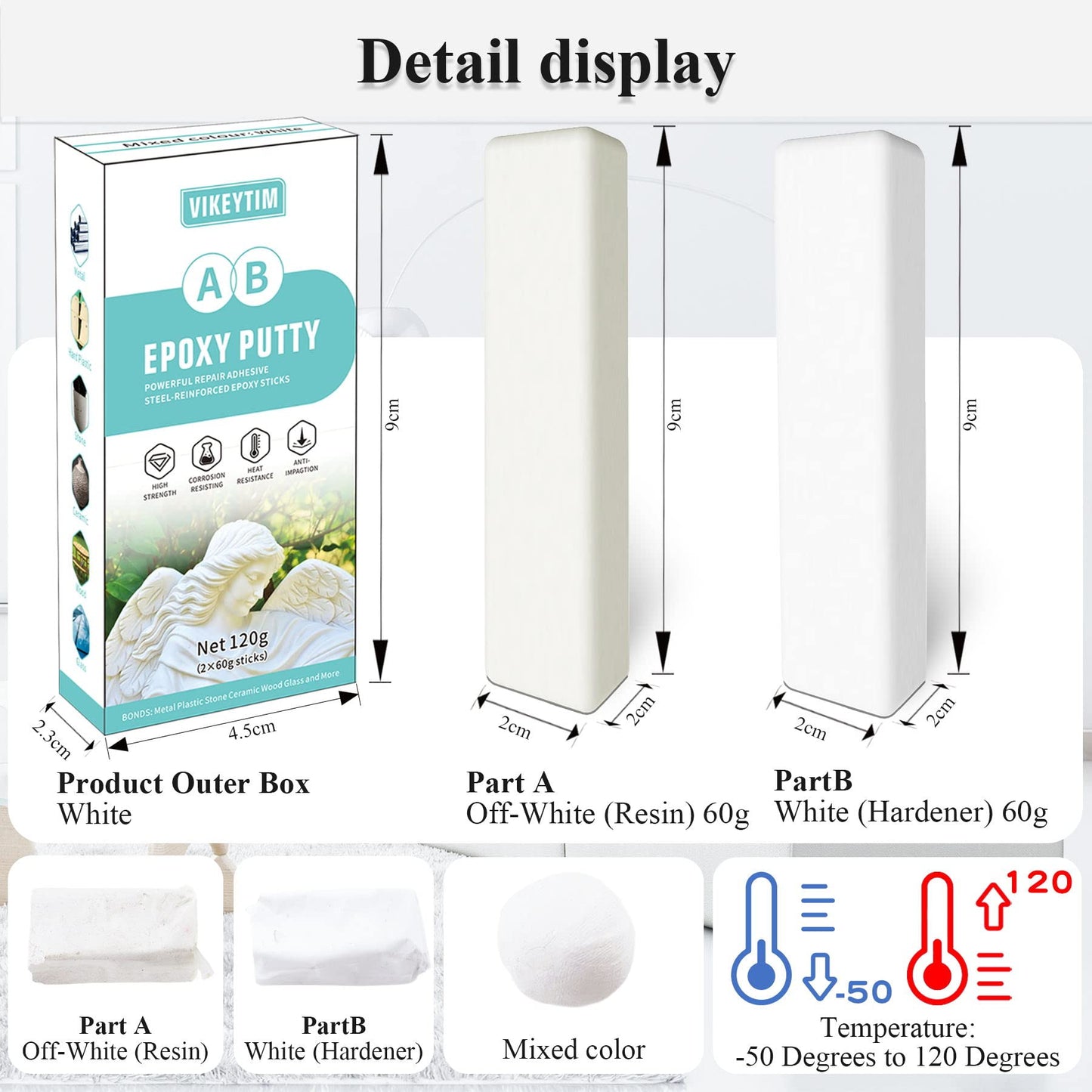 VIKEYTIM Epoxy Putty, 120g Quick Leak Repair Epoxy Putty Plastic, Ceramic, Acrylic, Metal, Stone, Wood, Glass Bonding and Repair Stick (White)