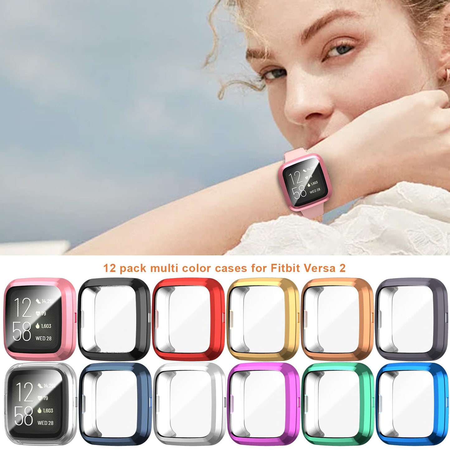 12 Pack Case for Fitbit Versa 2 with Screen Protector, Haojavo Soft TPU Full Protective Cover Ultra-Thin Scratch Resistant Slim Fit Plated Bumper for Fitbit Versa 2 Accessories
