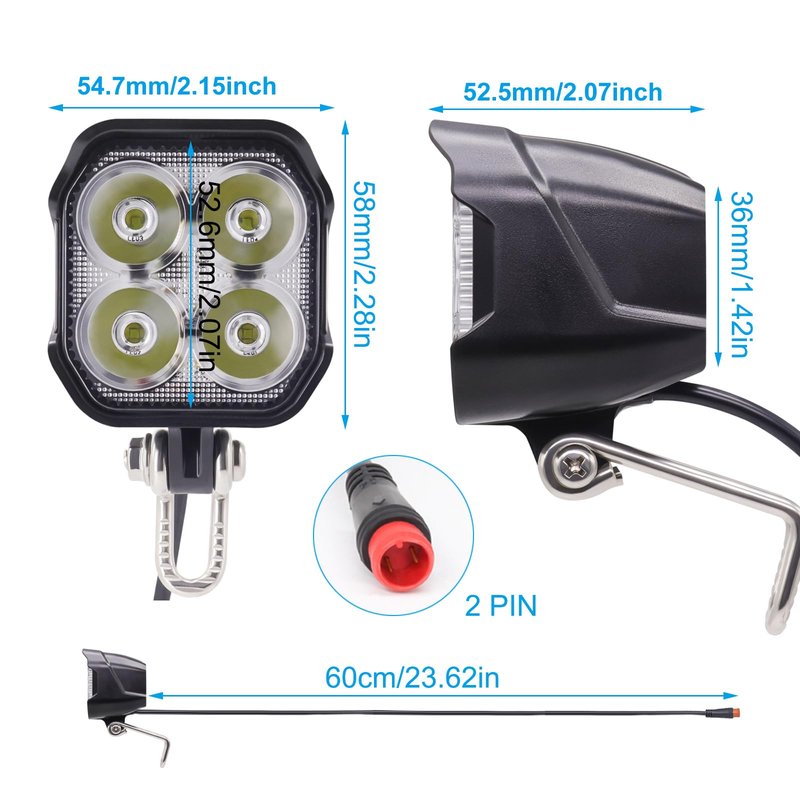 Electric Bicycle Headlight, 4Pcs LED 400 Lumens, 24V 36V 48V Compatible, Waterproof 2 Pin Connector, Ebike Front Light for Night Riding