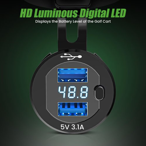 10L0L Golf Cart USB Ports 2 in 1 Dual Outputs & LED Display Voltage Meter Universal for Club Car, EZGO & Yamaha, Quick Charge 3.1A,Metal Shell Safe Charging Socket 9V-48V Voltage Input