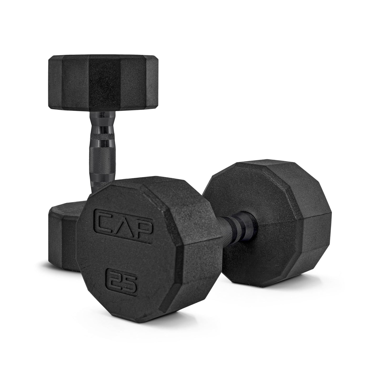 CAP 25 LB 12-Sided Rubber Coated Dumbbell Weight, Rubber Free Weights for Home Gym Strength Training, Black Oxide Handle, Pair