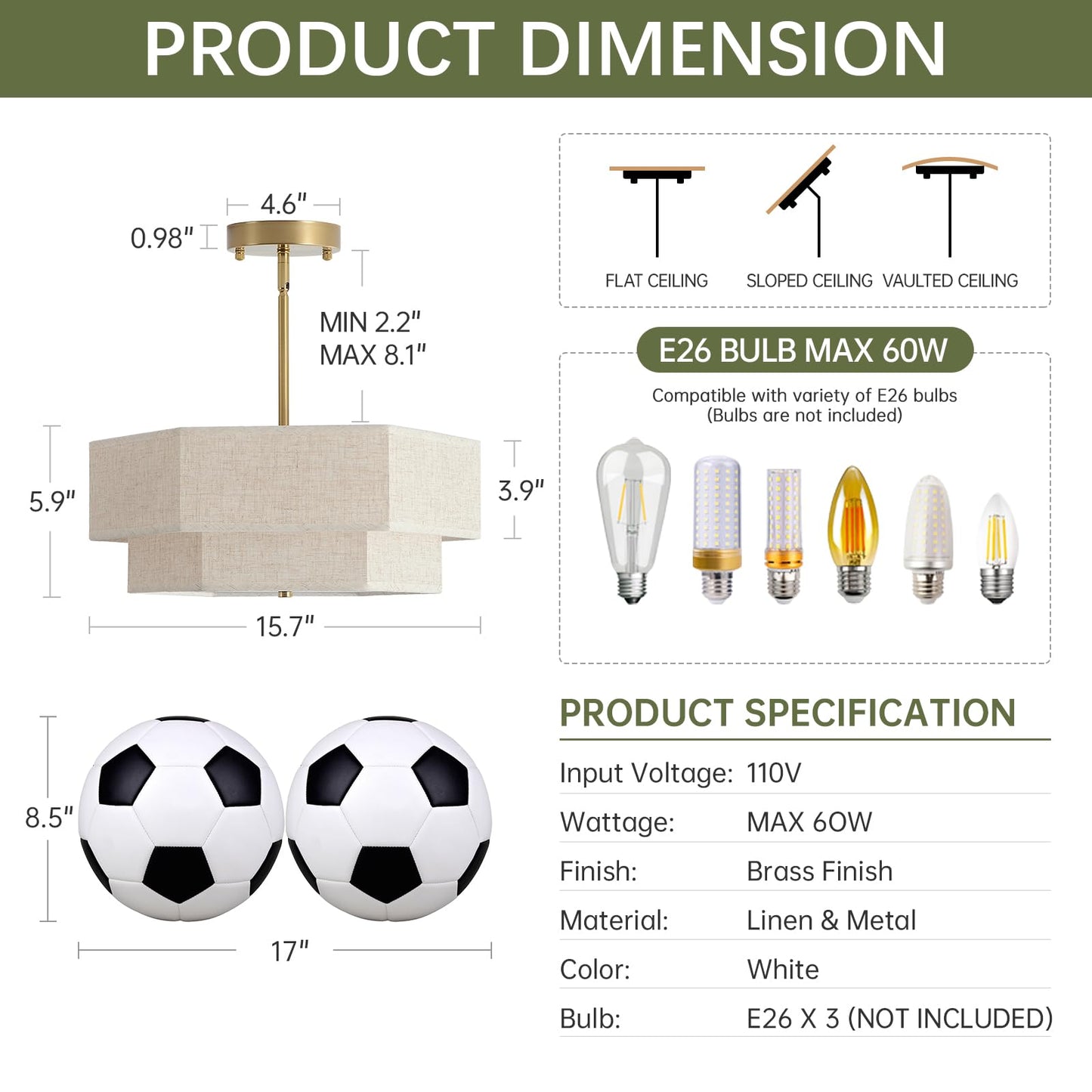 InterMaka Modern Semi Flush Mount Ceiling Light 15.7" Boho Light Fixture with Linen Shade, Double Drum 3-Light Entryway Pendant Light, Close to Ceiling Light Fixtures for Living Room Bedroom Nursery