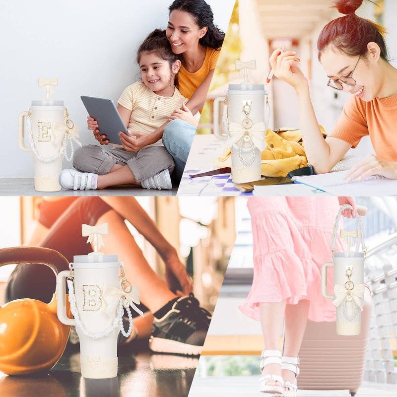 Rabrgab 7Pcs White Stanley Cup Accessories for 40Oz 30Oz 20Oz, Women Teen Girls Gifts, Stanley Tumbler Cup Decoration with Straw Topper, Bow Charm, Silicone Boot, Handle Strap, Letter Sticker T