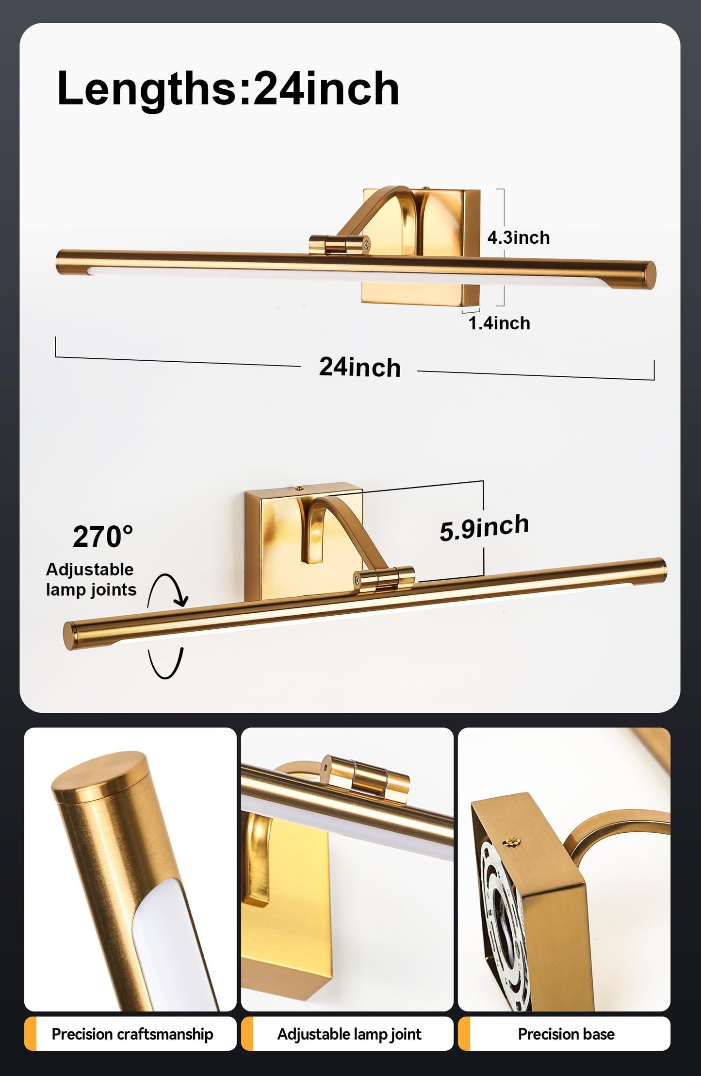 WAMBLZ Dimmable Picture Light for Wall 24 inch Golden Brass Finish Art Lighting with Rotatable Light Tube 2800K Full Metal Hardwired Gallery Light for Painting Artwork Display