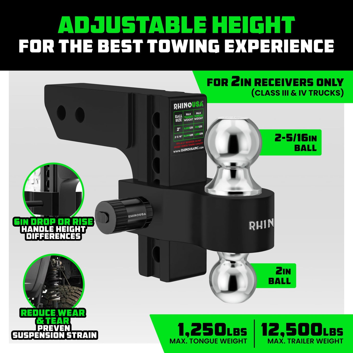 Rhino USA Adjustable Trailer Hitch (2in Receiver) - 6in Drop/Rise