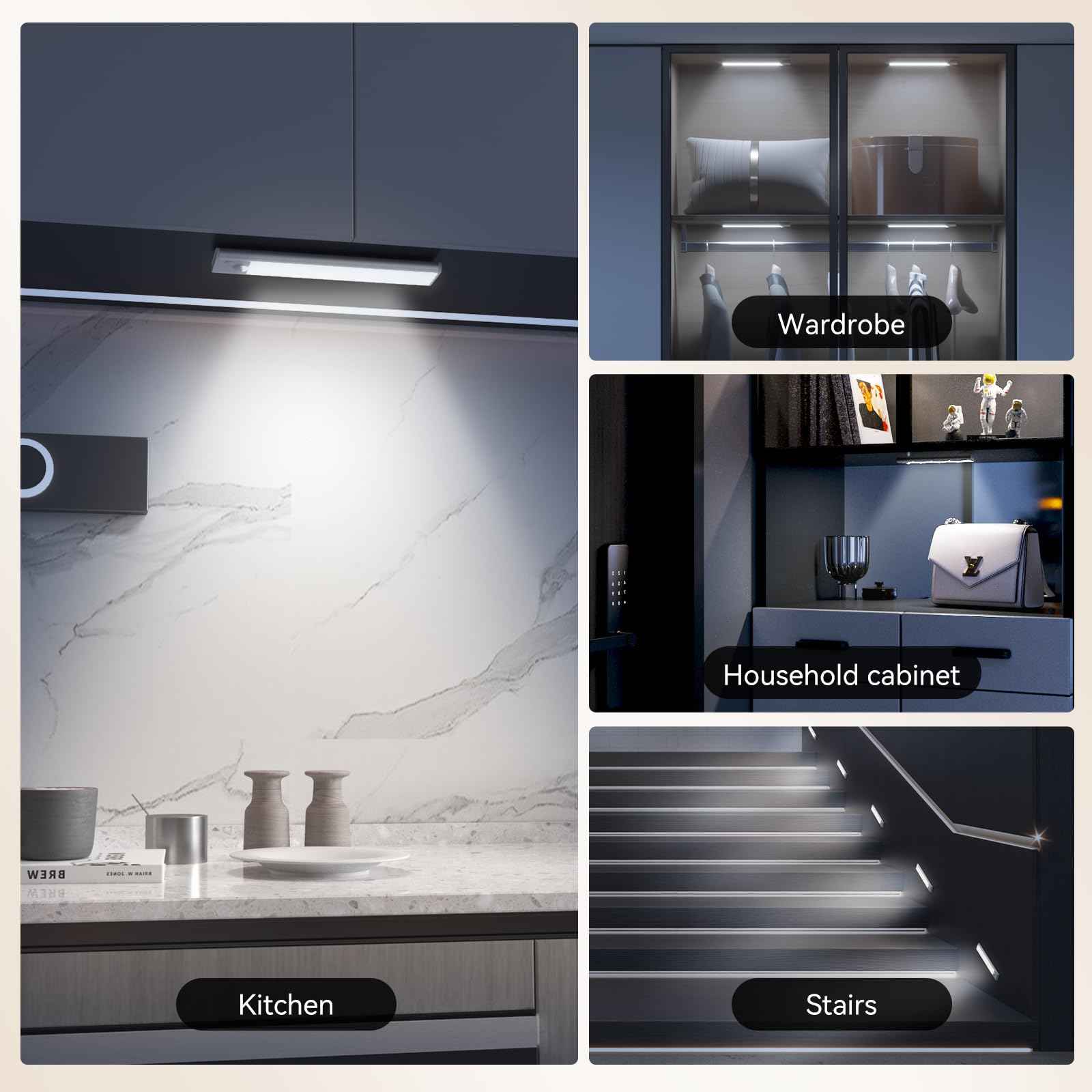 Under Cabinet Lighting, LED Magnetic Motion Activated Under Cabinet Lights, Rechargeable Closet Lights 2500mAh Battery Operated, Wireless Dimmable Under Counter Lights for Kitchen,Hallway 3 Pack