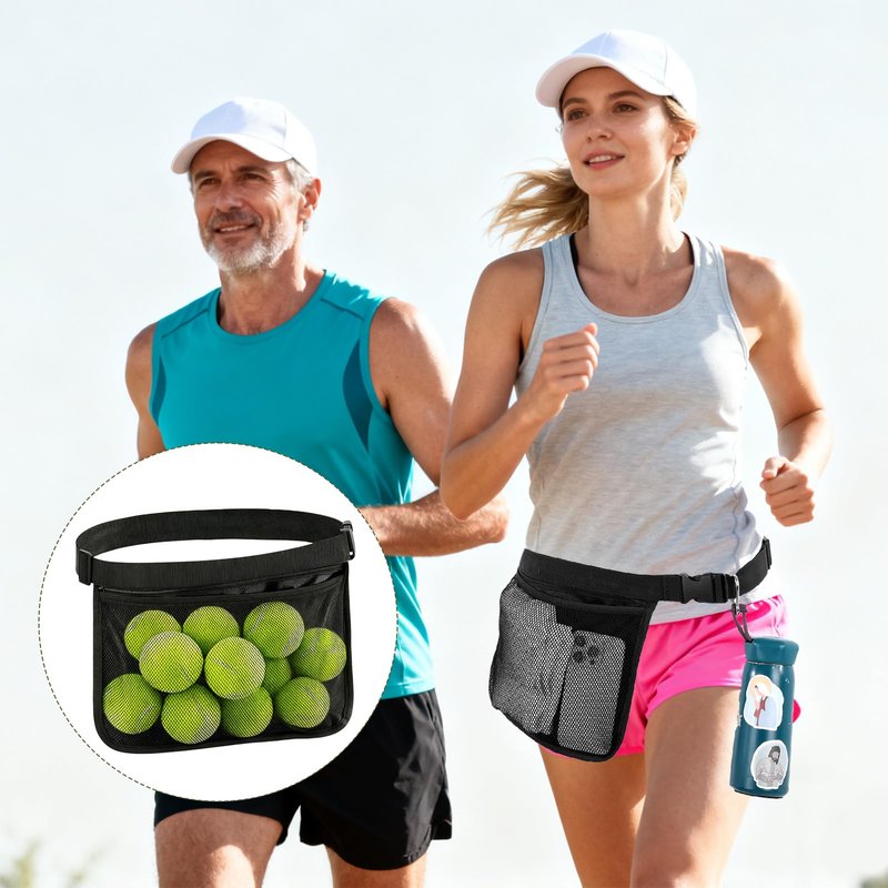 Alrhso Tennis Ball Waist Bag Tennis Ball Holder Waist Mesh Pickleball Bag Holder Carrier Adjustable Belt Holders for Pickleball with Waistband Clips for Training, Black