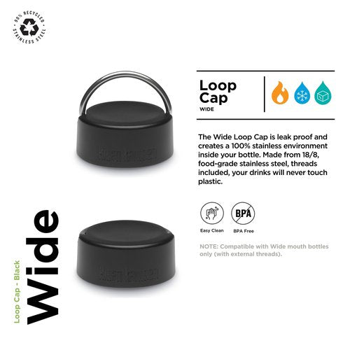 Klean Kanteen Wide Loop Cap with Bale - Dishwasher Safe, Stainless Steel Bottle Cap - Compatible with Wide Mouth Bottles - Black