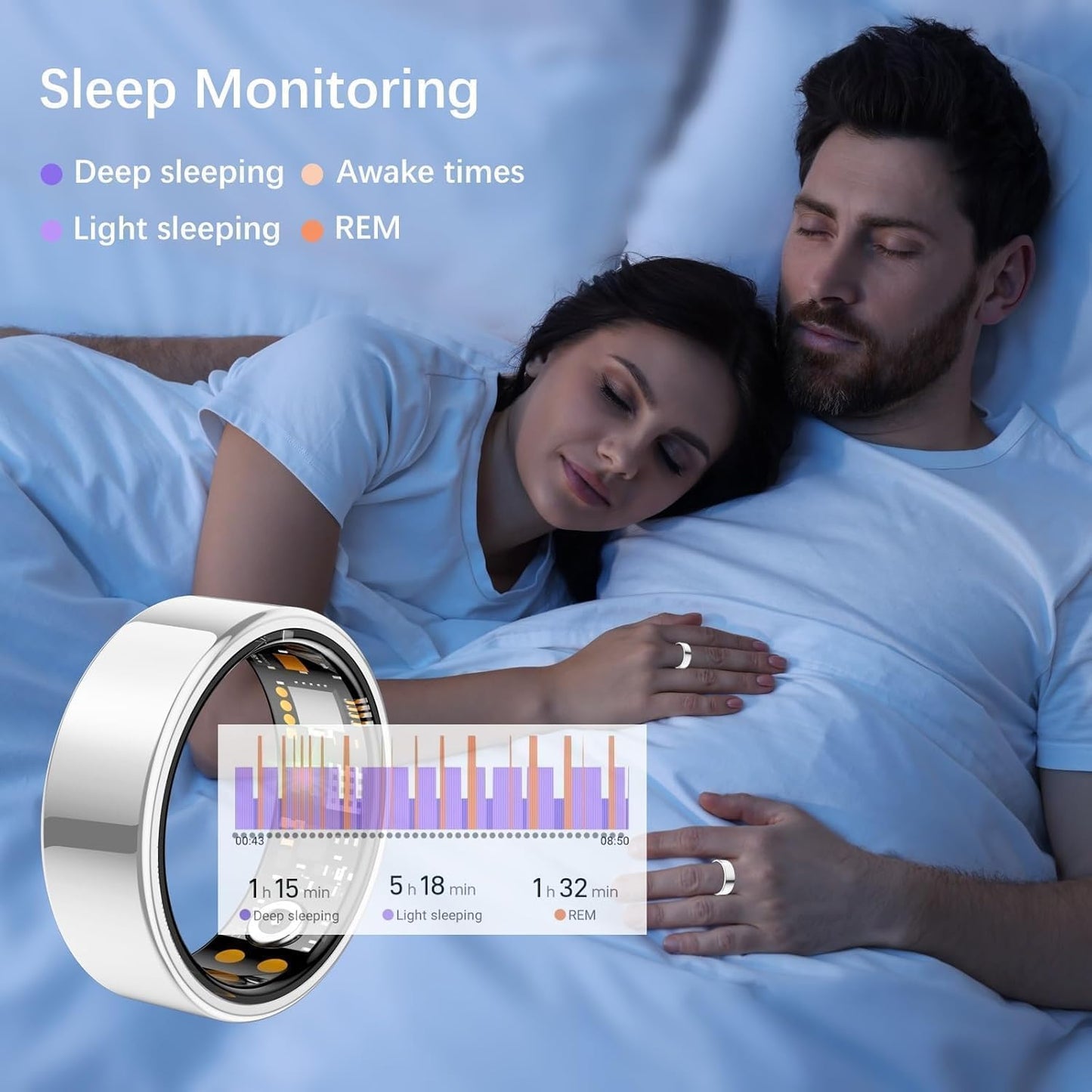 Ring Health Tracker for Women Men, Fitness Ring with Heart Rate, Blood Oxygen, Sleep Monitor, Calories, Step Counter, IP68 Waterproof Smart Ring for iPhone & Android, No Subscription Fee (Silver, 12#)