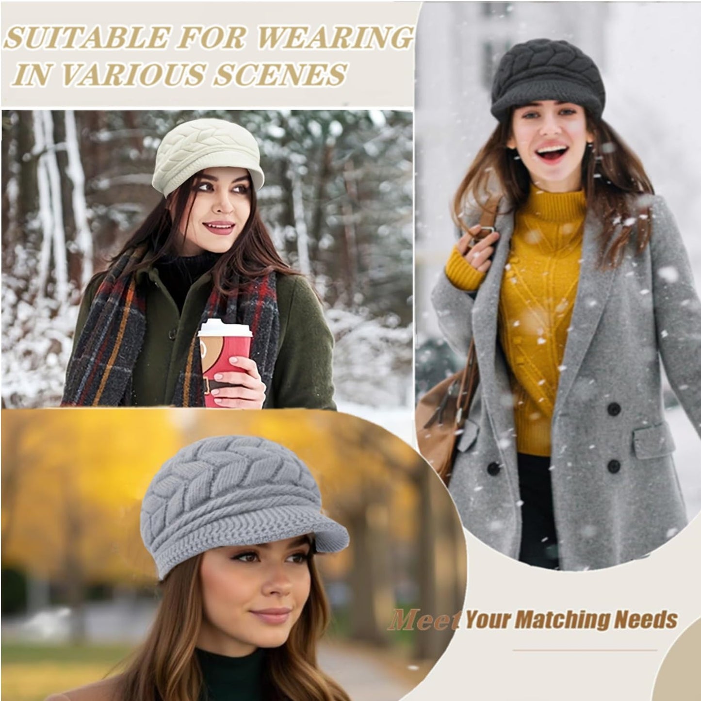 stablerice 4 Pack Womens Winter Beanie Hats Thick Warm Knit Hat with Visor Brim Wool Snow Ski Caps Chunky Soft Slouchy Cap Women Newsboy Caps Ladies Hat Knit Hats for Women