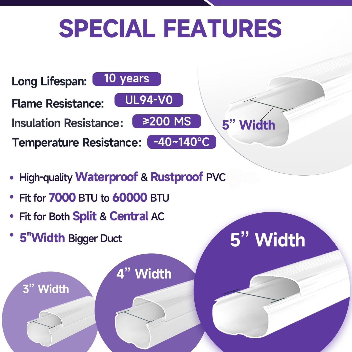 Cestluck 5'' 17 Ft Mini Split Line Set Cover, PVC & PP Line Cover Set Universal for Mini Split AC & Central AC