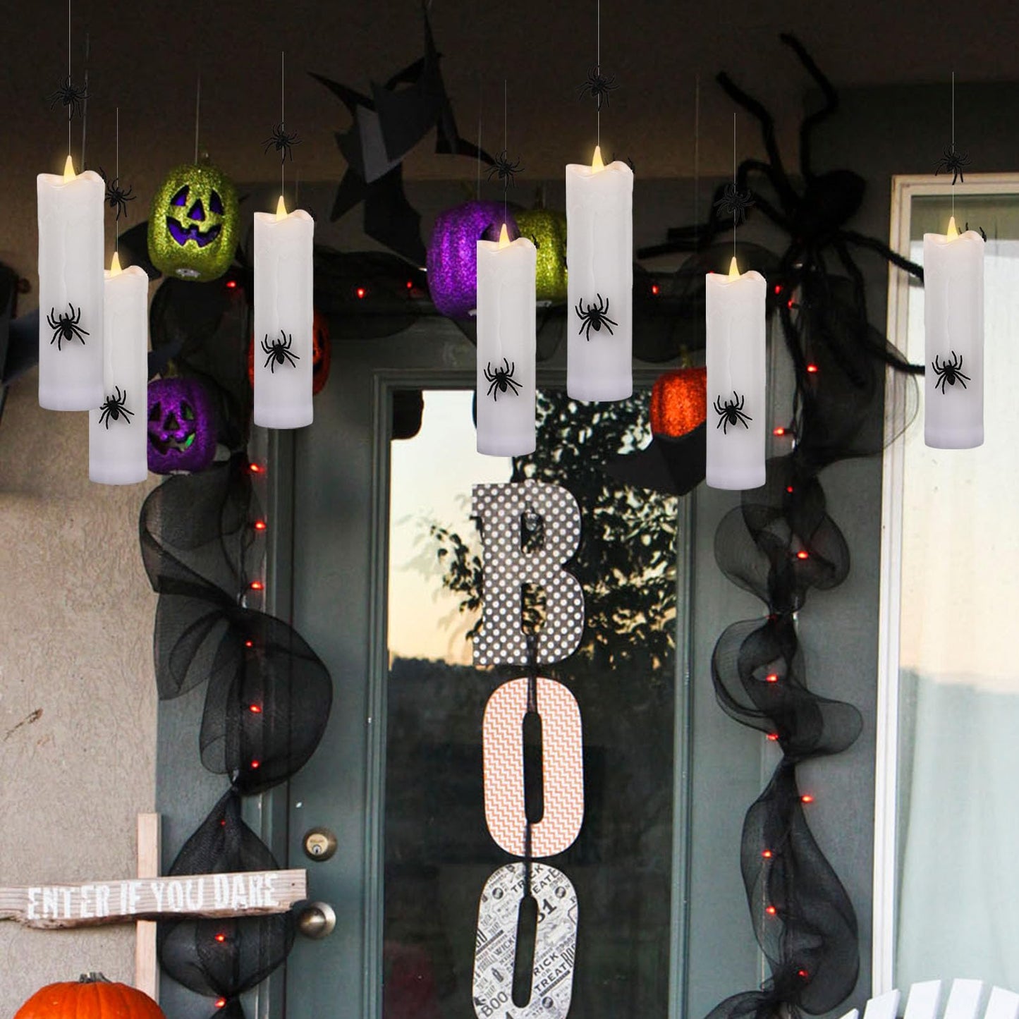 KunSwenn Halloween Floating Candles Flameless with 3D Spider, Set of 4 Hanging Candles Floating with Fishing Line, Floating Candle with Remote, Halloween Candle with 3 Black Spider for Home Decor