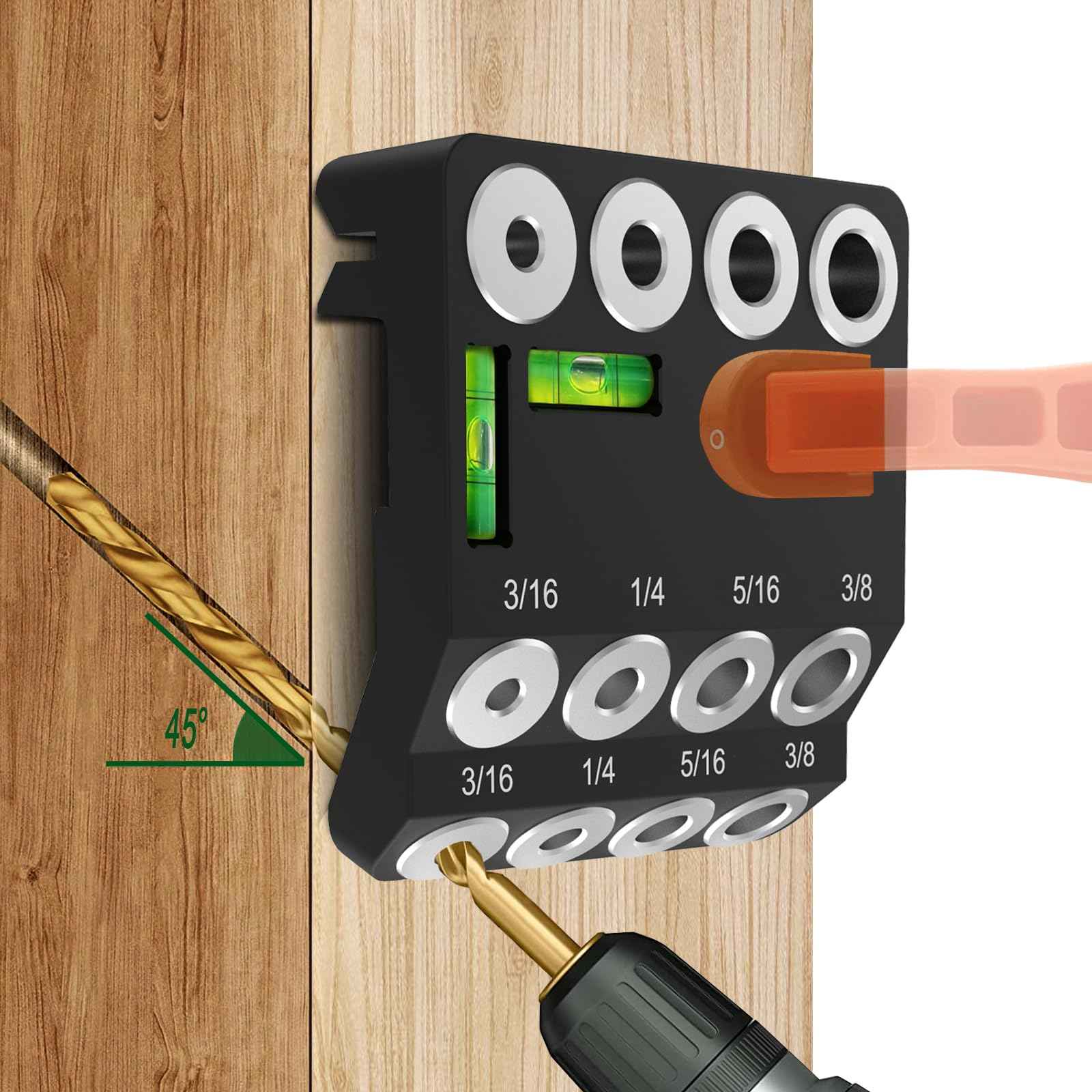 ENGYNC 30 45 90 Degree Angled Drill Guide Jig with 2 Torpedo Level, 4 Sizes Portable Drilling Hole Guide Jig for Straight and Angle Stairs Handrail, Cable Railing, Deck, Wood Post Level Design