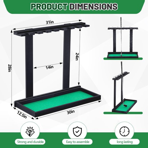 Blosssound Golf Putter Stand for 8 Clubs & 12 Balls Wooden Golf Club Holder Golfs Rack Display Organizer Storage with Artificial Grass Mat for Sports Indoor Home Garage Accessories(Black)