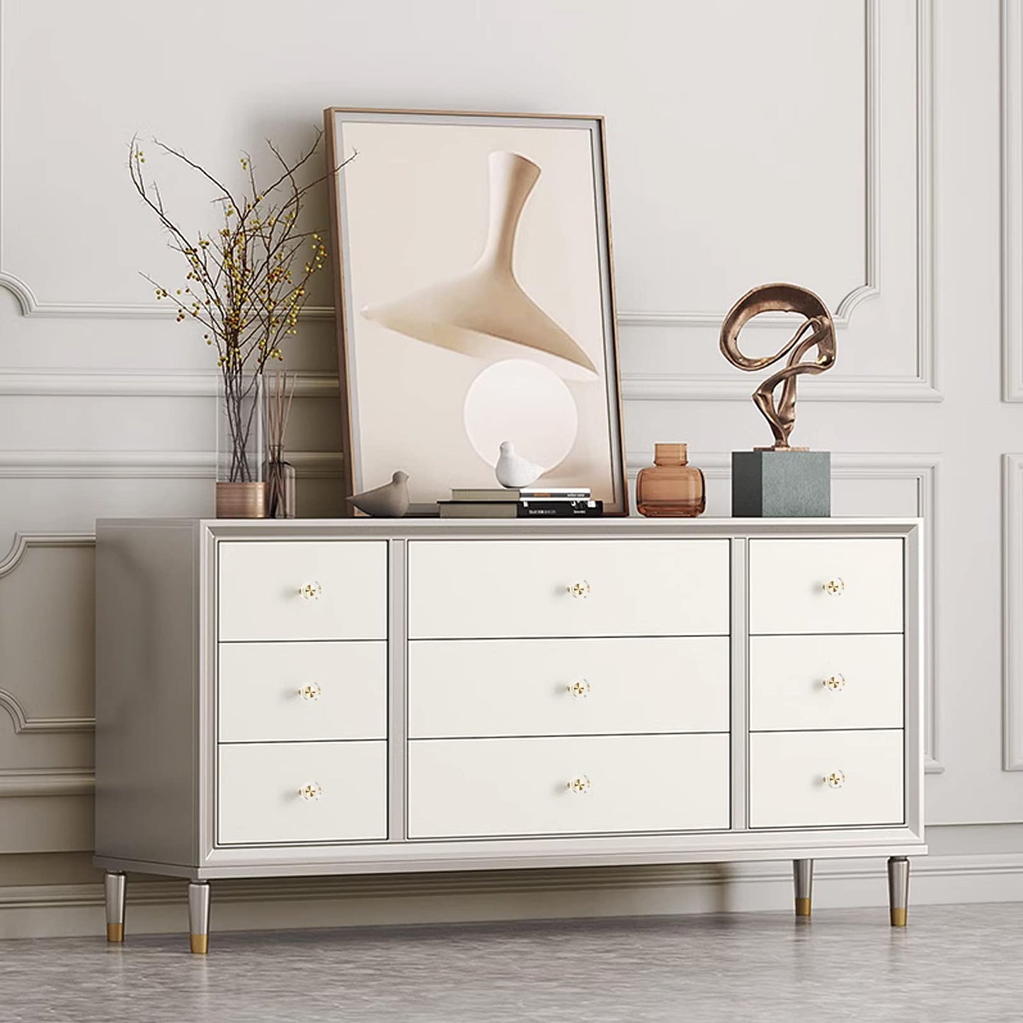 Guank 2-Pack 1-1/4-Inch Gold knob Dresser knobs White Cabinet Glass Crystal knobs Brass Drawer Polygonal Dresser Pulls, Drawer pulls