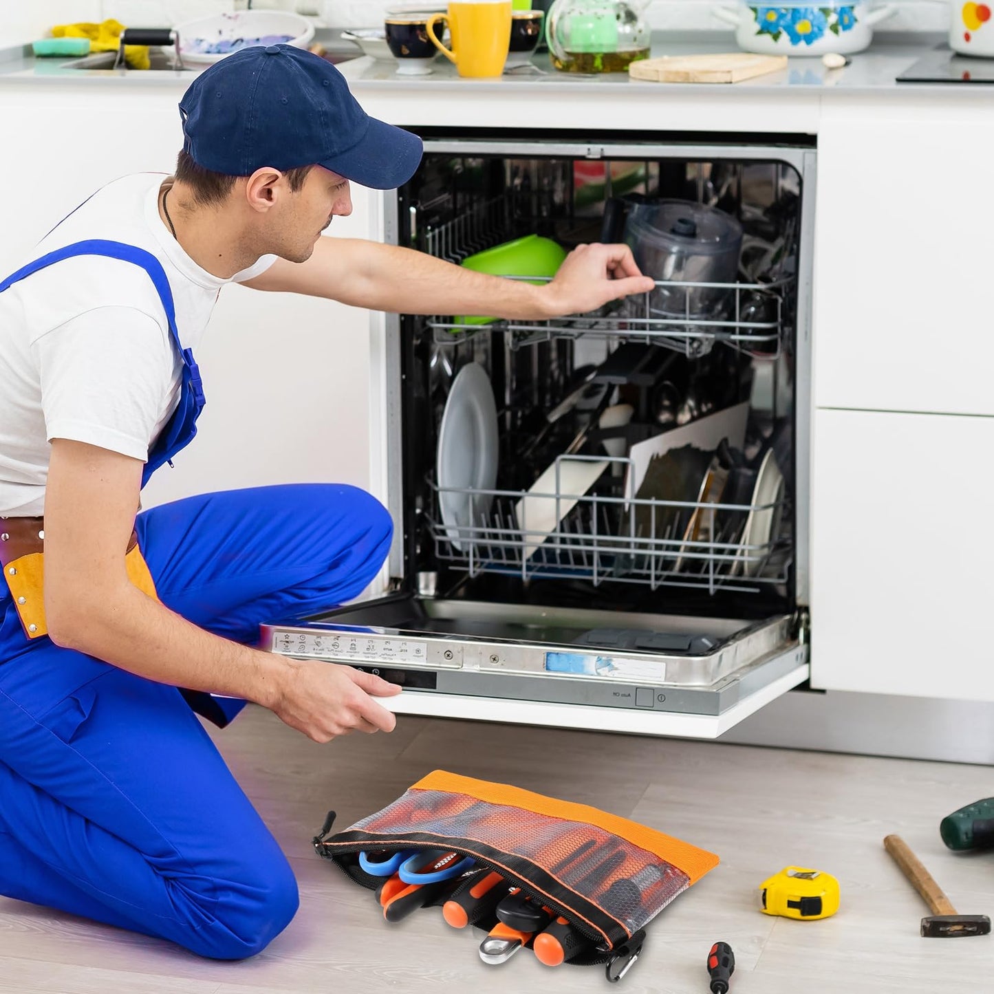 BESARME 3 Pcs 11.8" Clear Tool Pouches with Zipper Heavy-Duty Small Tool Bag Waterproof Zipper Tool Pouch with Mesh Window Electrician Tool Pouch for Men and Women