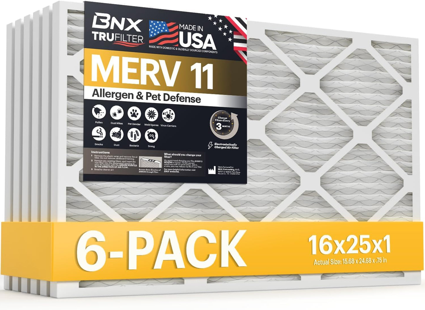 BNX TruFilter 12x12x1 MERV 8 Air Filters (6-Pack) - USA-Made Dust & Pet Defense for HVAC