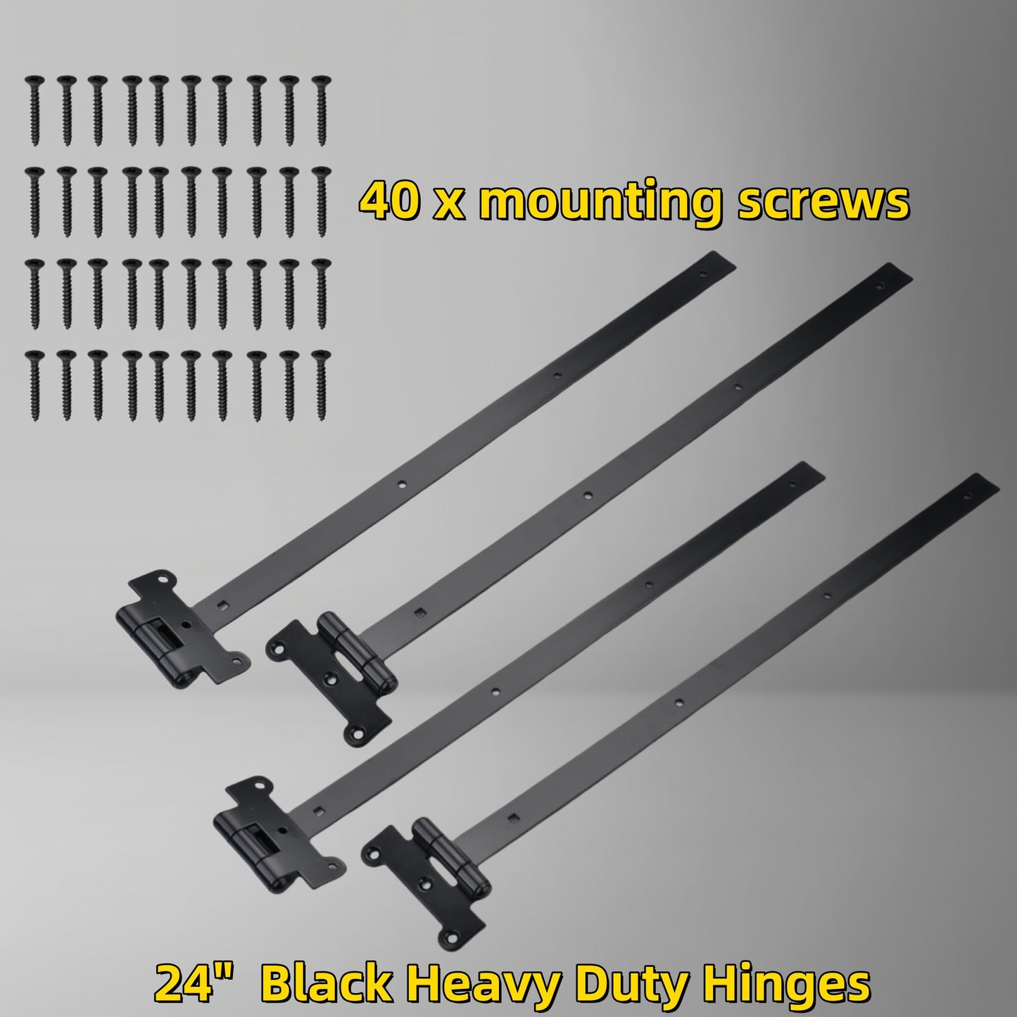 PAGOTORTAUS 24 inch Black Heavy Duty Gate Hinges,4mm Thick Iron Barns Door Hinges with 40 Mounting Screws,T-Shaped Heavy Duty Hinges fits for Sheds Barns Garden gate Garage Door (4pcs) ﻿