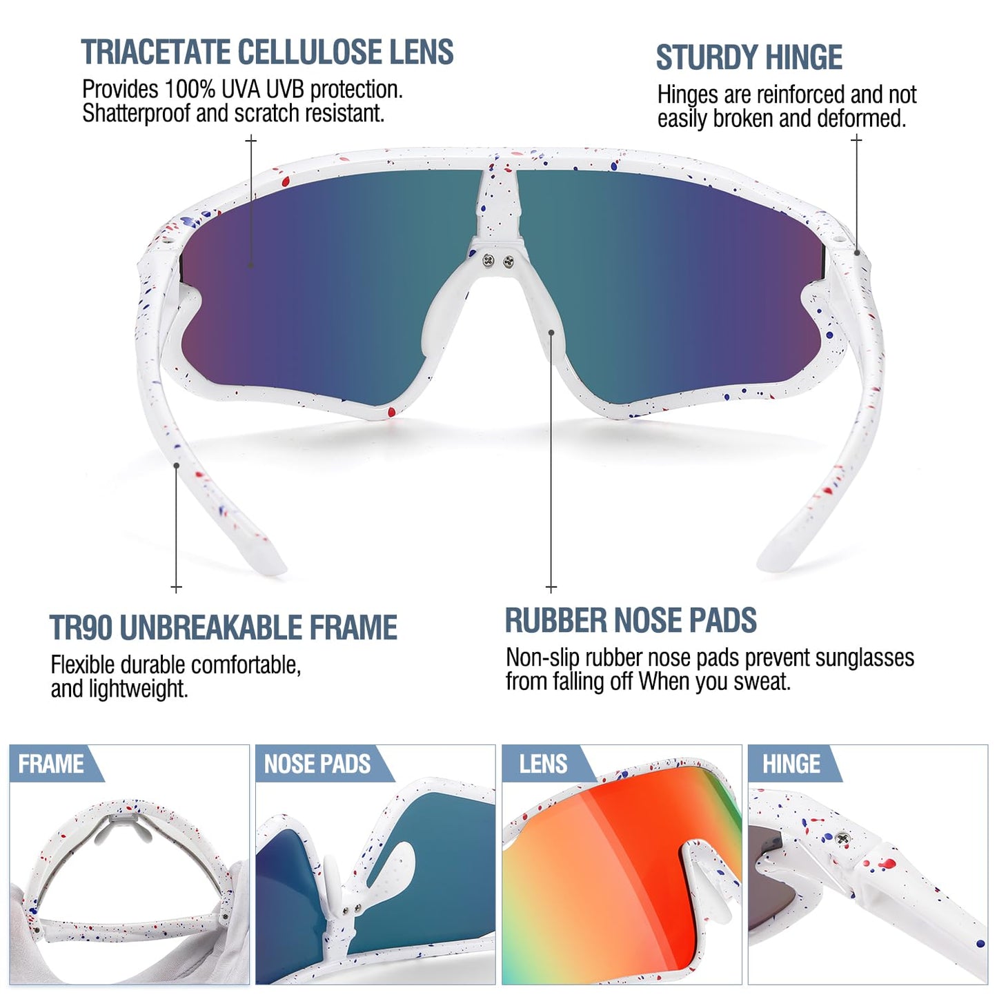 DUCO Kids Sunglasses Youth Baseball Sun Glasses Lightweight TR90 Frame UV400 Sports Cycling Shades for Boys Girls DK268 (White Frame Red Blue Revo Orange Lens)