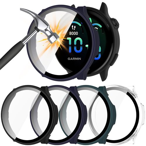 JADTILXY Case Compatible with Garmin vivoactive 6 with Screen Protector, 4-Pack Hard PC Cover HD Tempered Glass Case Anti-scratch Full Protection Shell for Garmin vivoactive 6 (Black+Blue+Green+Clear)