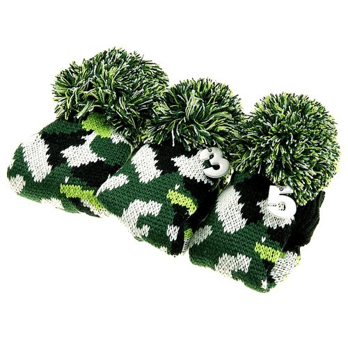 GOOACTION 3PCS Knitted Golf Head Covers 1-3-5 for Driver and Fairway Woods with Long Neck Design Camouflage Army Green Sock Pom Pom Camo Vintage Golf Club Head Covers Set