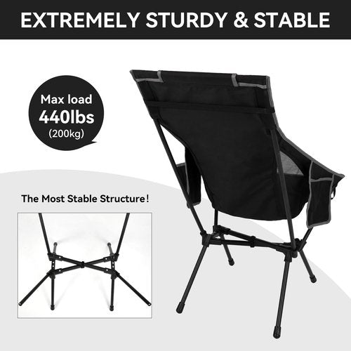 Hikero High Back Camping Chair for Adults, Folding Chair Supports 440 lbs, Lightweight Portable Backpacking Chair with Adjustable Pillow for Hiking & Camping (Black)