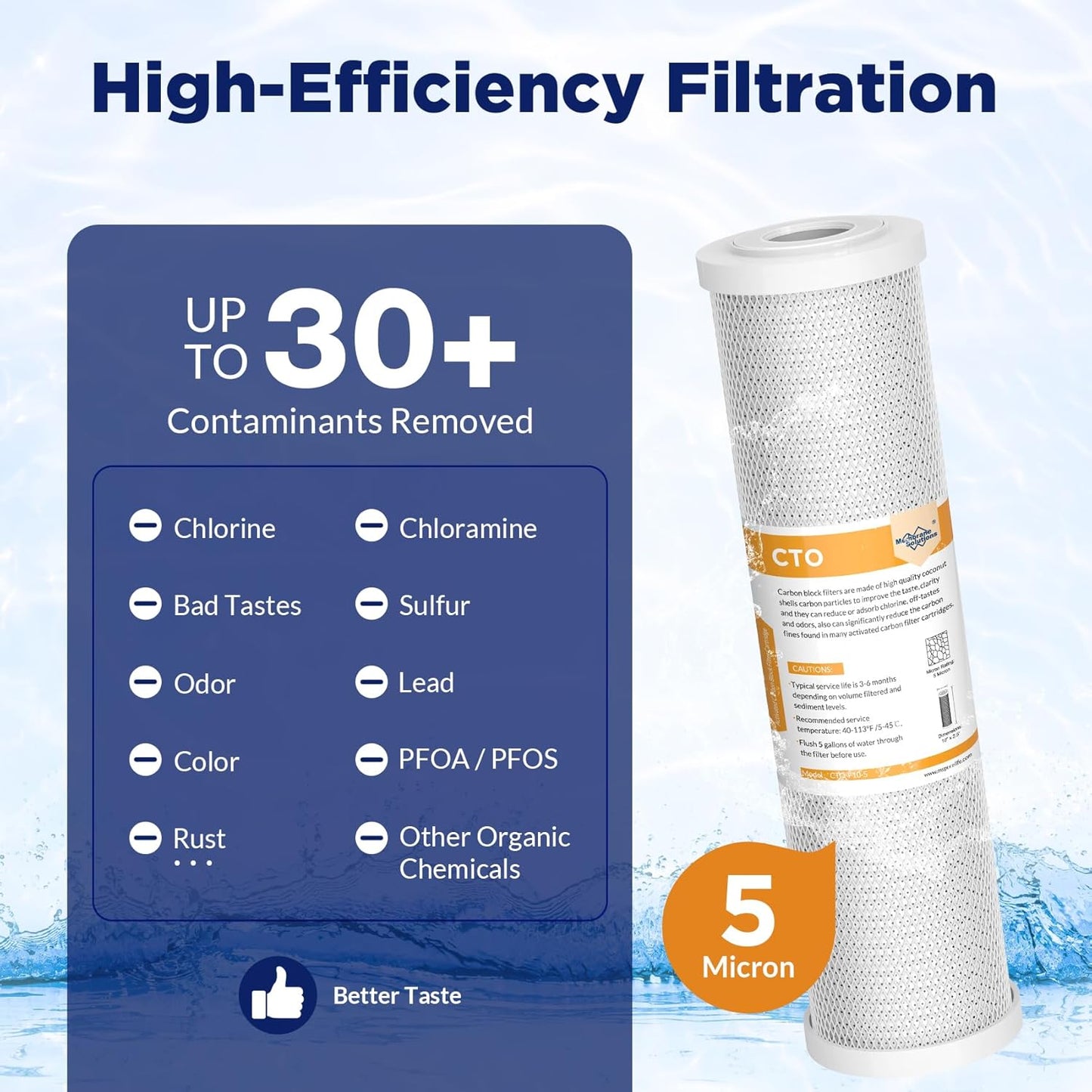 5 Micron CTO Carbon Block Water Filter Cartridge Replacement - 2.5" x 10" for Whole House Systems, 6-Pack