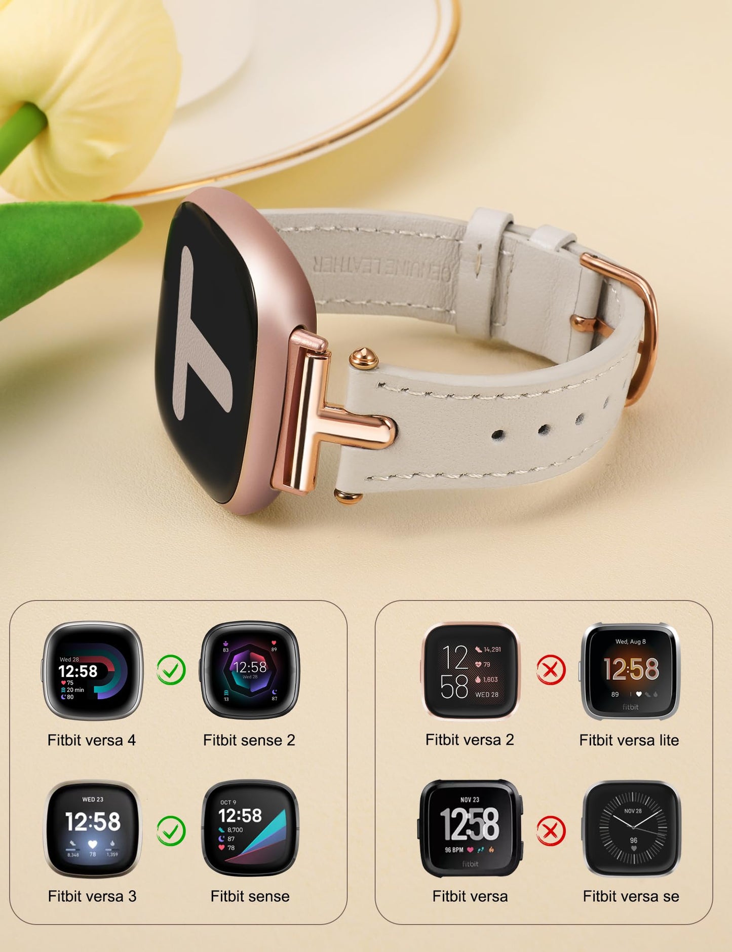 Wearlizer Leather Band Compatible with Fitbit Versa 4 Bands for Woman/Versa 3/Sense 2/Sense Bands Women, Dressy Designer T-Shape Metal Buckle Leather Strap