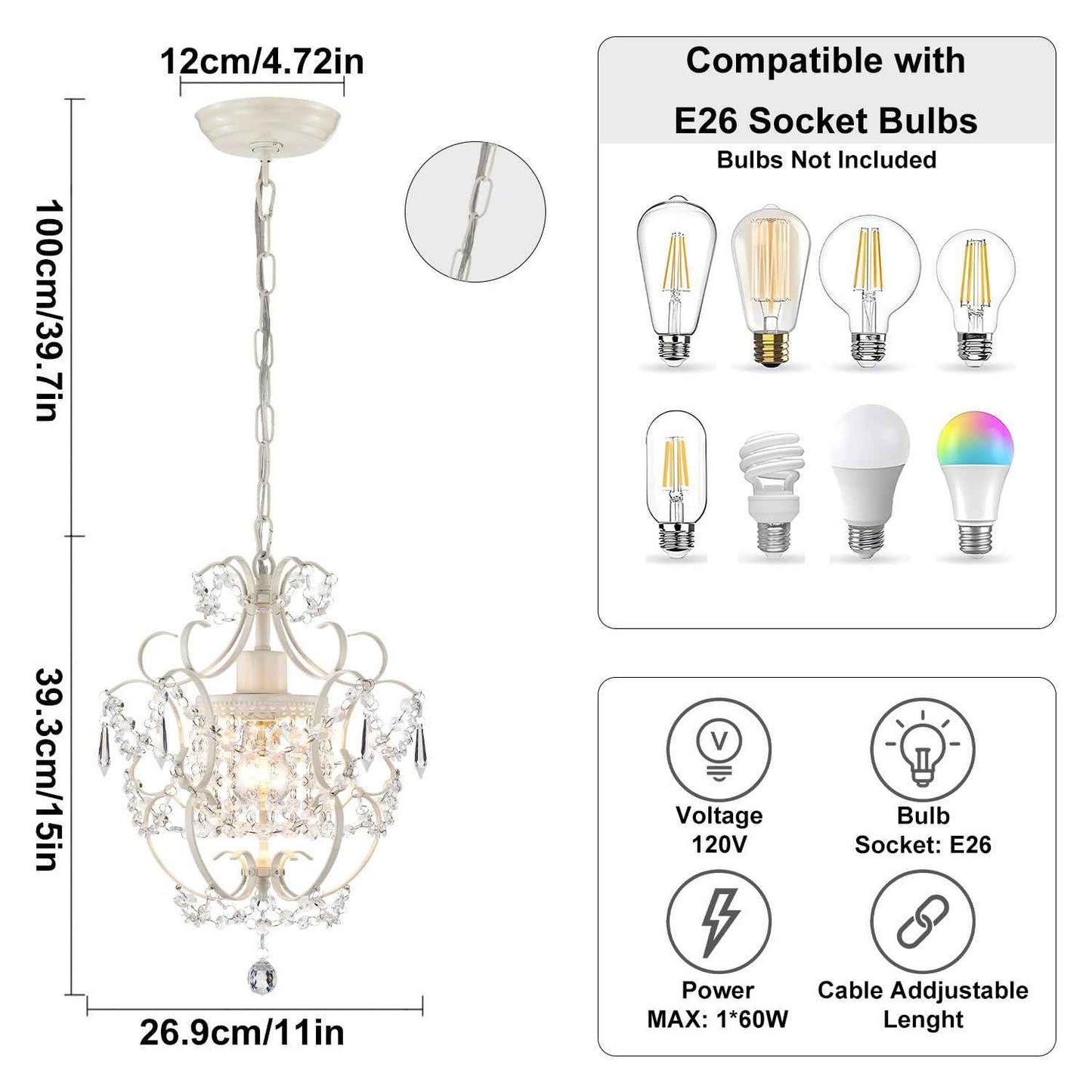 Small Crystal Chandelier for Bedroom, 90% Pre-Assembled 1 Light White Chandelier, Mini Acrylic Crystal Ceiling Light Fixture Charming for Girls Room, Closet, Bathroom, Entryway, Dining Room