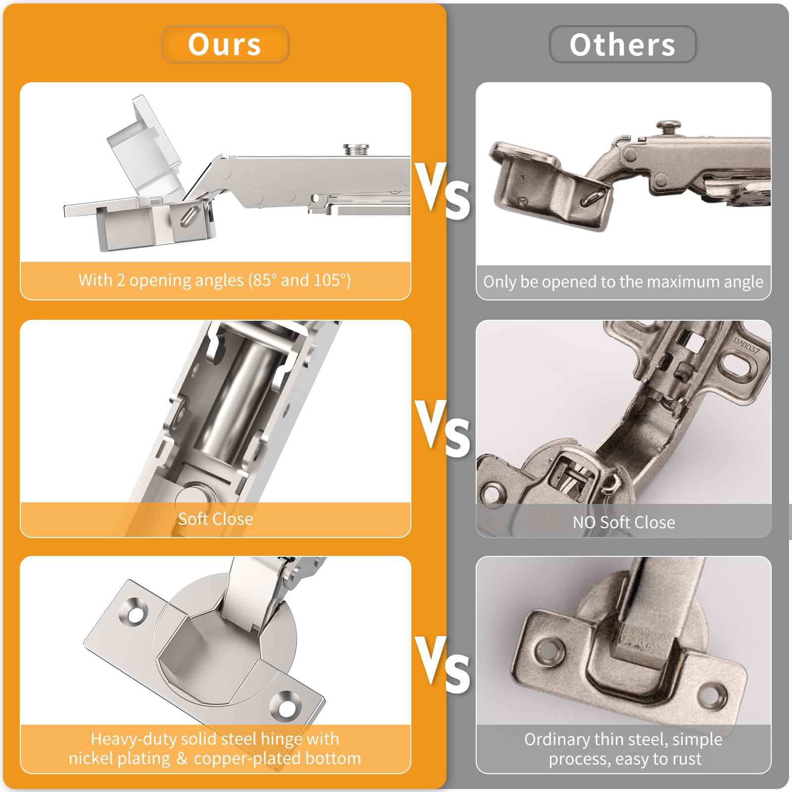 Chibery 60 Pack Frameless Full Overlay Soft Close Concealed Hinges, Satin Nickel, Self Closing, 105° Open Angle 3D Adjustment, Stop 85 ＆ 105 Degrees, Clip On, Stainless Steel for Cabinet Door