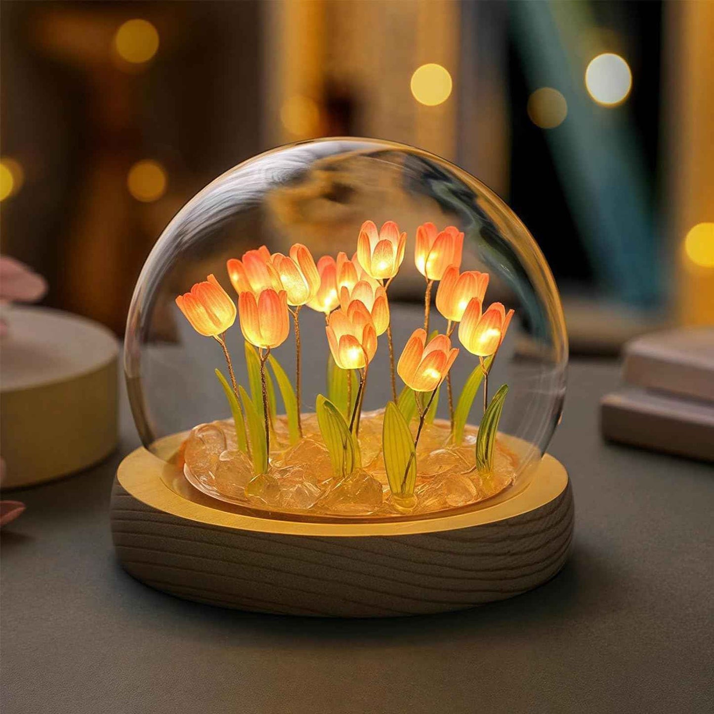 Tulip Night Light Cordless, Birthday Flower Gifts for Her - Small Flower Lamp with Glass Cover, Wooden Base and Gift Bag -Cute Romantic Home Decor for Mom, Grandmother, Wife, Girlfriend, Sister, Women