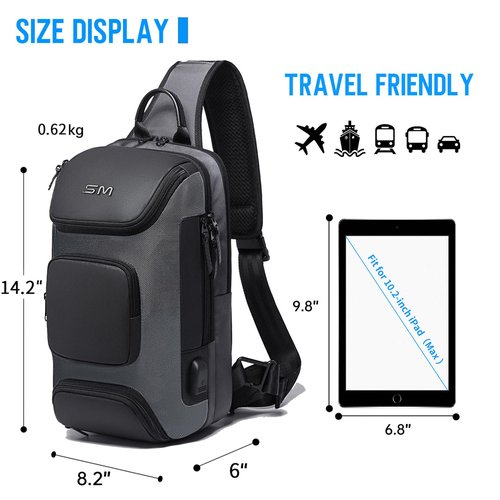 SMONT Sling Bag for Men, Chest Shoulder Bag with USB Charging Port Anti Theft Waterproof Grey