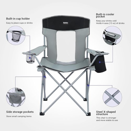 Byliable Portable Camping Chair - Lightweight Foldable Design with Drink Holder & Cooler Pouch | Gray/Black