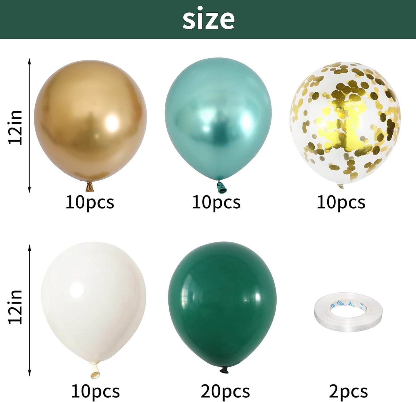Metallic Green Gold Balloons - 12 Inch Latex Balloons with Ribbons | 60 Pack for Weddings, Anniversaries, Birthdays & Baby Showers