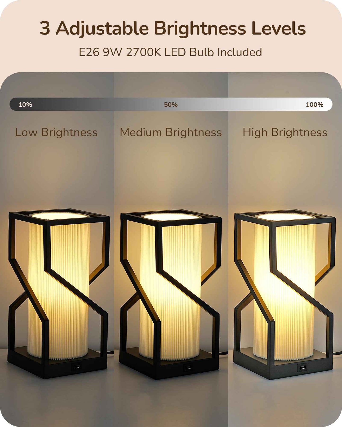 EDISHINE Modern Table Lamp, Bedside Lamp with Pleated TC Lampshade, USB-A Port, Overall Touch Control, Nightstand Lamp for Bedroom, Living Room, 9W 2700K 3-Stage Dimmable Bulb Included