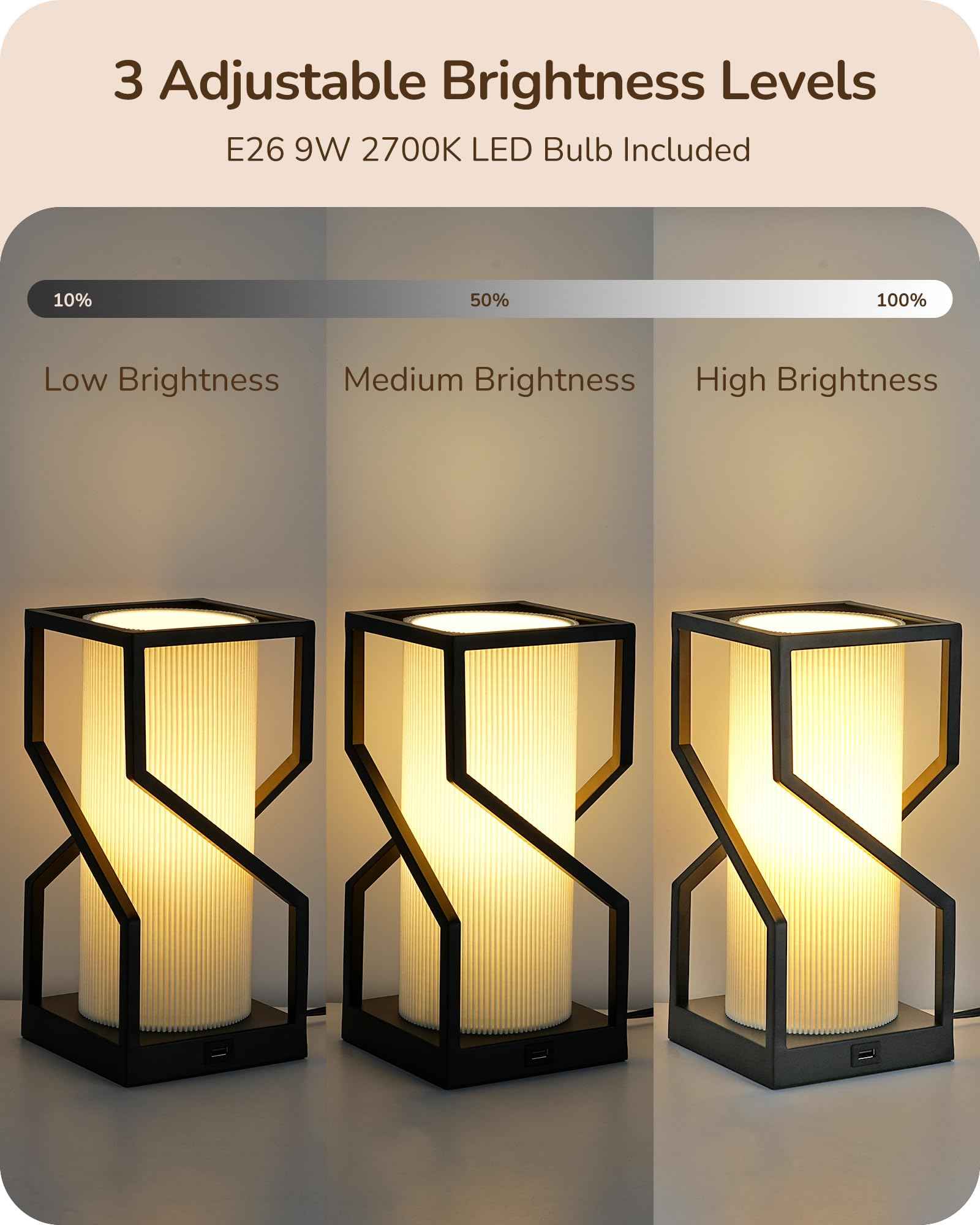 EDISHINE Modern Table Lamp, Bedside Lamp with Pleated TC Lampshade, USB-A Port, Overall Touch Control, Nightstand Lamp for Bedroom, Living Room, 9W 2700K 3-Stage Dimmable Bulb Included