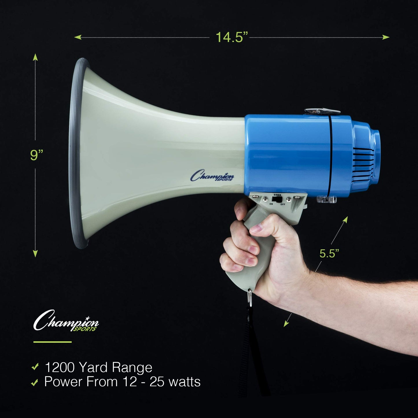 Champion Sports Megaphone with Siren,Wrist Strap,1200 Yard Range-Powerful Bullhorn Loudspeaker with Adjustable Volume Control for Sport Events,Crowd Control,12 watts(white&blue),1 Size,MP12W