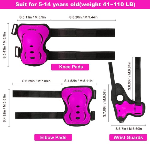 Inkidio Knee Pads for Kids Protective Gear Set with Knee Pads Elbow Pads and Wrist Guards Ideal for Girls Boys Skating Skateboard Scooter Bike (Medium, Pink)