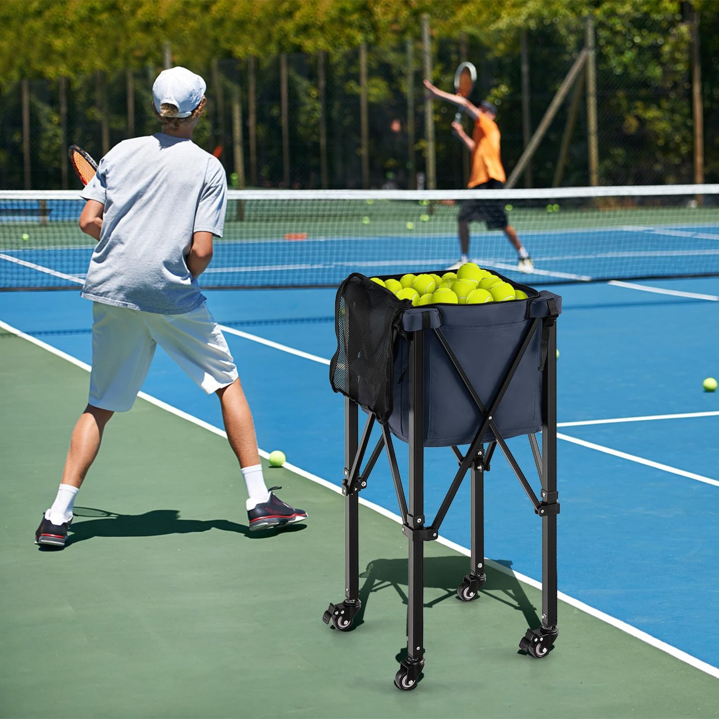 SPORFIT Tennis Ball Hopper Cart with Wheels, Portable Tennis Ball Basket Holds 150 Balls, Collapsible Aluminum Tennis Basket for Balls Pickup, Pro Sports Teaching Cart for Tennis Pickleball Baseball