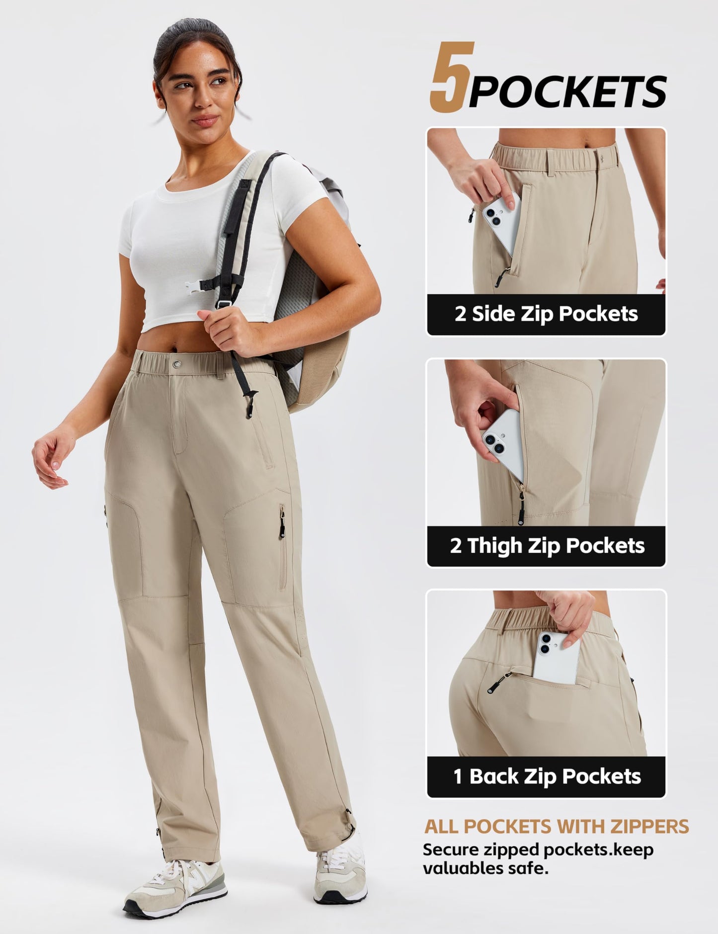 MoFiz Women's Hiking Cargo Pants Lightweight Quick Dry UPF 50 Water Resistant Fishing Camping Travel Pant with 5 Pockets Khaki M