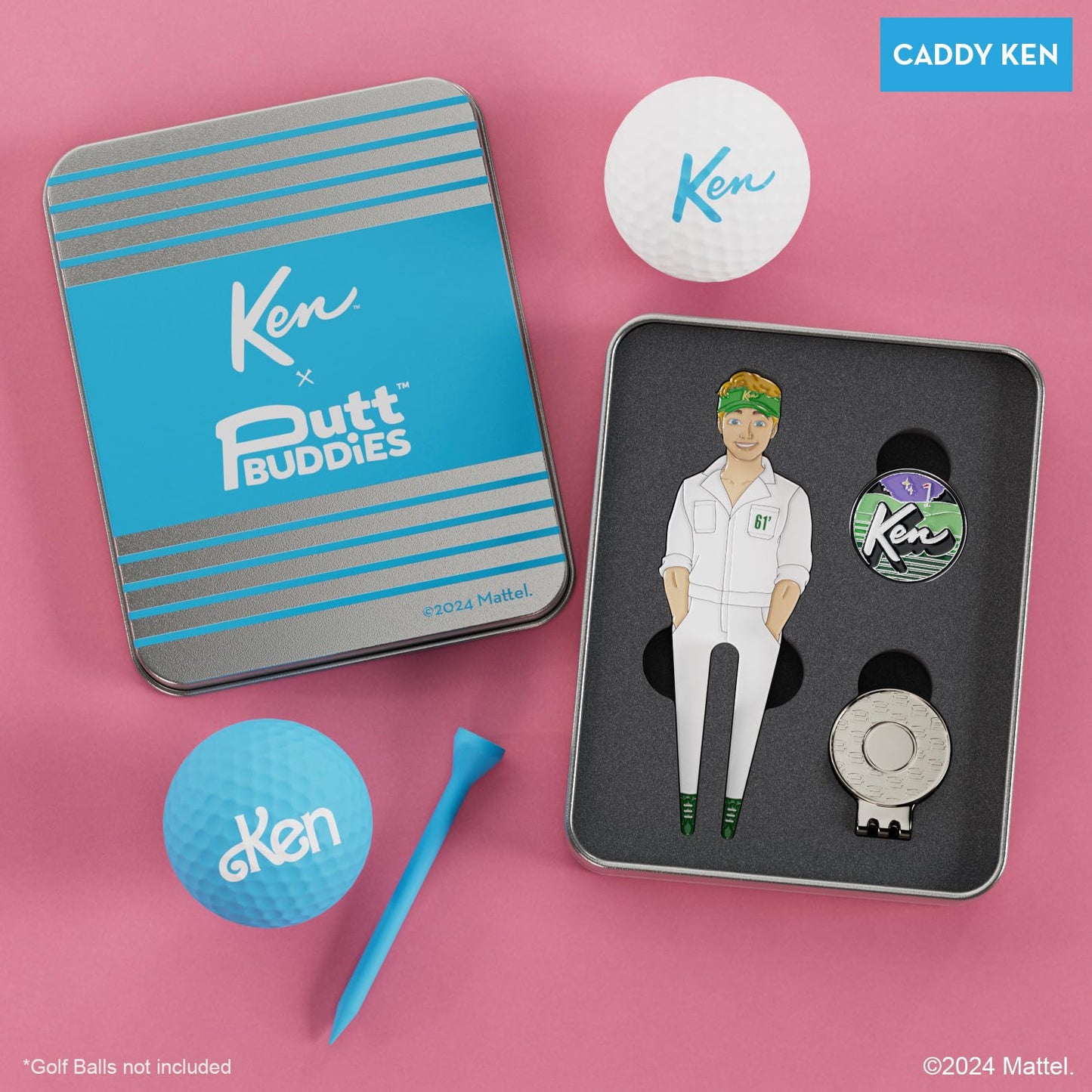 PuttBuddies Barbie Caddy Ken Golf Divot Tool and Ball Marker – Magnetic Collectible Golf Gift Set with Hat Clip & Tin for Golfers, Golf Accessories for Women