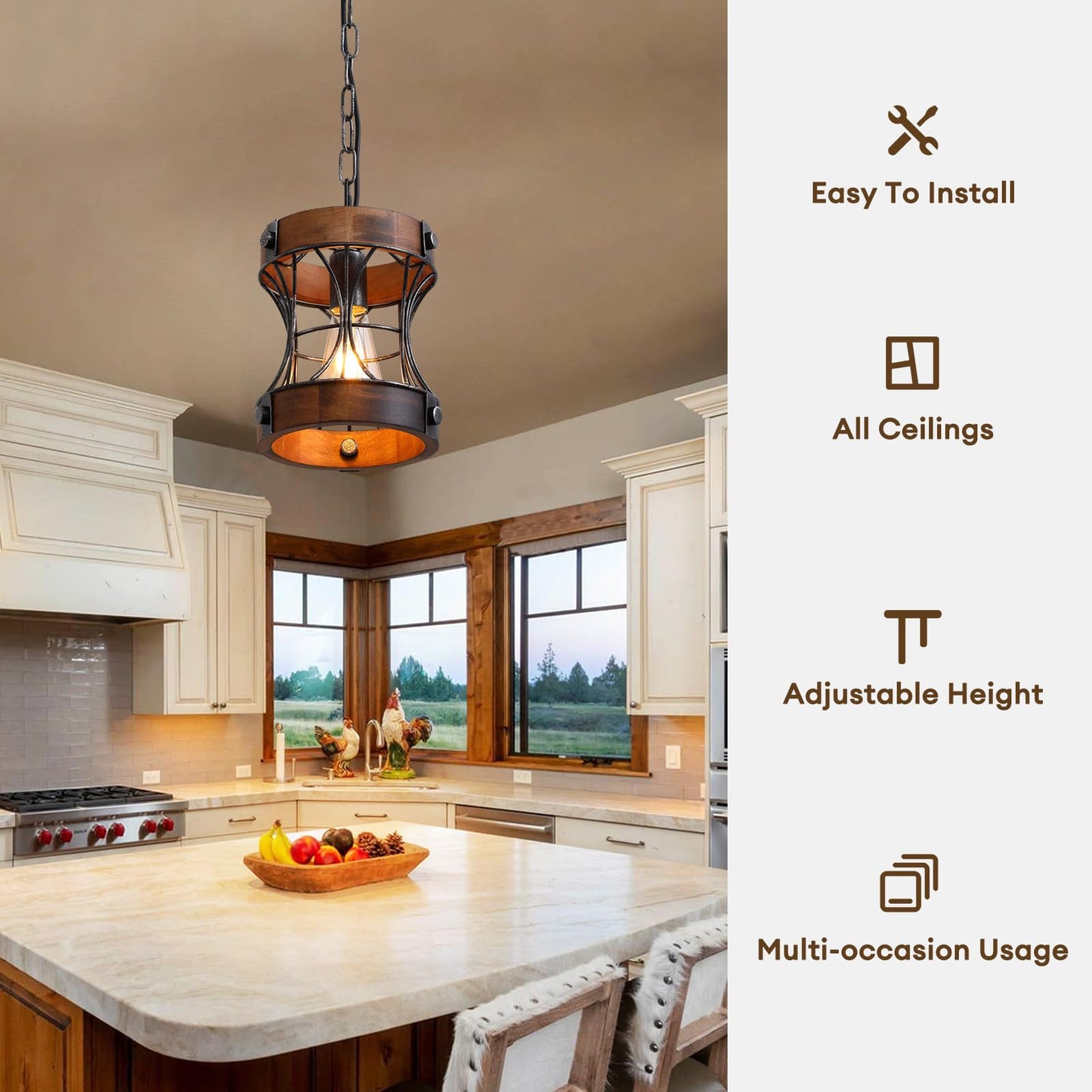 Rustic Chandelier, Modern Farmhouse Chandeliers for Dining Room, Wood Pendant Lights for Kitchen Island Foyer Hallway Bar, 1-Light Retro Rustic Light Fixtures for All Ceilings D 7.5" x H 8.8"